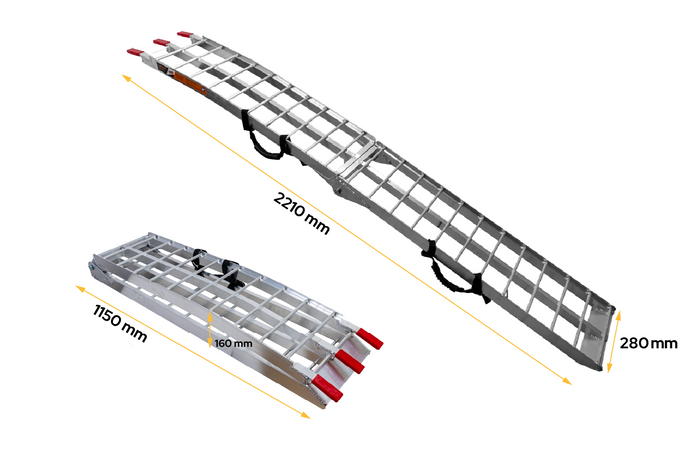 UNITRAILER ALR002 faltbare Rampen aus Aluminium für Anhänger, 221 cm, 680 kg Tragkraft, mit Gurt, 2er-Set