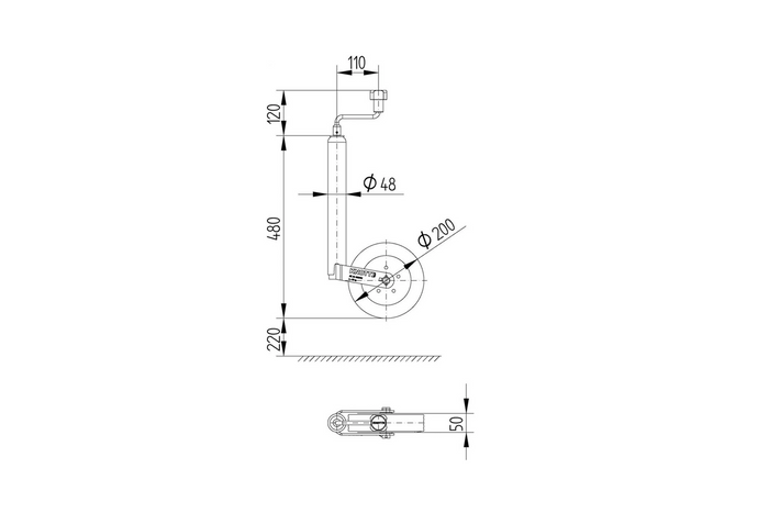 Stützrad mit Gusseisenklemme KNOTT TK48+LBG48 150 kg 48 mm 480–700 mm
