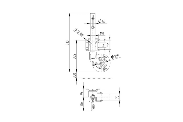KNOTT TK57 Schwenk-Stützrad mit Halterung500 kg 57 mm 710–1010 mm